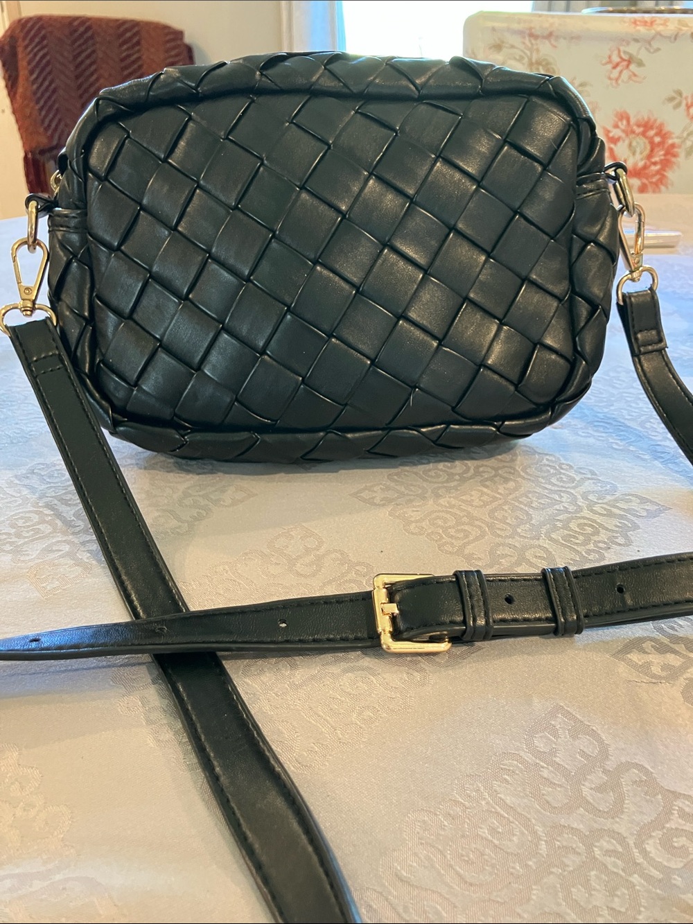 Urban Expressions Black Woven Crossbody Bag with Gold Hardware